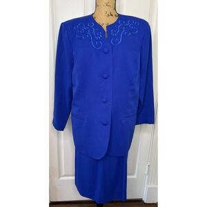 Vintage 90's Victoria Morgan Royal Blue Embroidered Skirt Suit Set Size 18